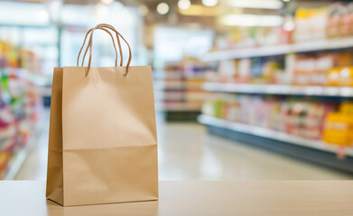 A paper shopping bag placed on a counter with shelves of products blurred in the background.