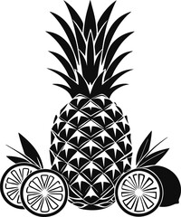 Black silhouette of pineapple with sliced fruits, vector illustration   