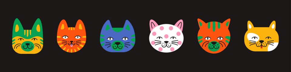 Vector collection of cute fluffy kitten faces in vibrant colors. Happy smiling cat pet characters set for clipart, stickers and decor. Modern flat vector illustration style.