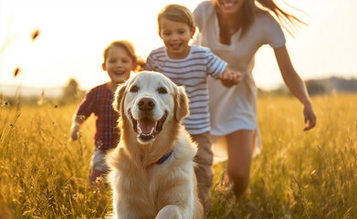 A happy family with two children and a golden retriever dog running together in a field during sunset.