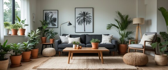 serene living room decor with lush potted plants illustration