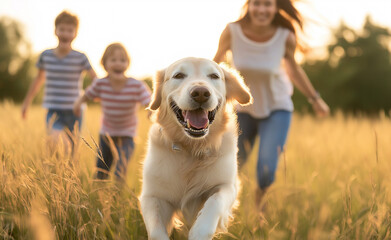 A happy family with two children and a golden retriever dog running together in a field during sunset.