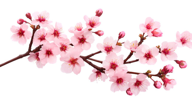 Cherry blossom branch with pink flowers and buds, cut out transparent
