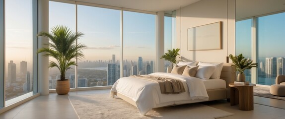 contemporary city view bedroom with spacious bed illustration
