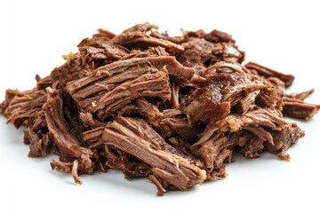 Obraz premium Heaping Pile of Pulled Beef on Bright White Surface, Perfect Ingredient for Mexican Cuisine