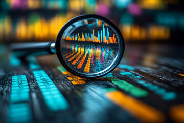 Digital and internet marketing analytics. Statistics data of market and customer research. Magnifying circle chart and graphs.

