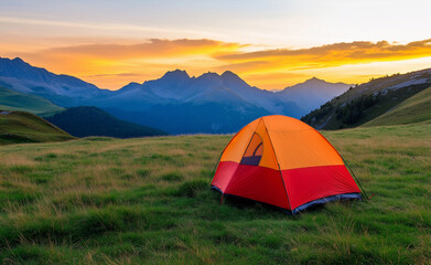 A vibrant orange and red tent set up in a grassy field with a breathtaking mountain sunset in the background.