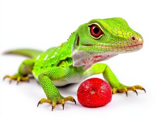 Fototapeta premium Basilisk lizard curiously interacting with a fresh strawberry on a white background showcasing vibrant colors