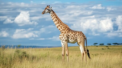Obraz premium Majestic Masai Giraffe in the Wilderness of Maasai Mara, Kenya: A Stunning African Wildlife Scene