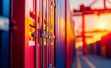 A close-up of shipping containers in a port, with the setting sun creating a warm glow in the background.