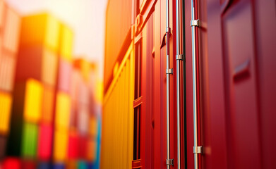 A close-up of shipping containers in a port, with the setting sun creating a warm glow in the background.