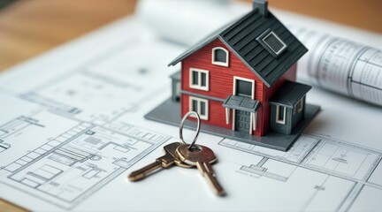 Close-up of a house model on blueprints with keys, real estate investment, home buying process, mortgage agreement, housing market trends, architectural project, property finance

