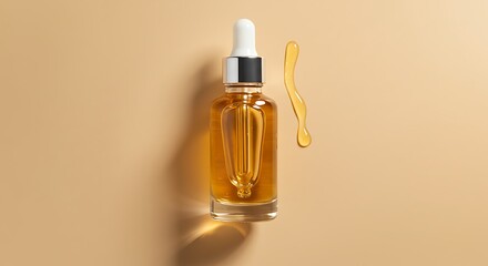 Cosmetic Serum Bottle with Dropper and Golden Fluid on Beige Background