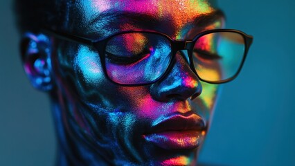 Artistic Portrait with Reflective Face Paint and Glasses