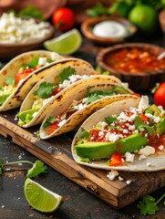 Delicious Mexican breakfast tacos with eggs, avocado, and fresh salsa served on a wooden platter