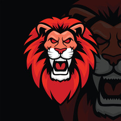 Fierce Roaring Lion Mascot Logo with Bold Red Mane on Dark Background