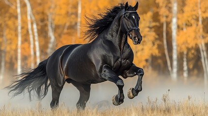 Obraz premium Majestic black horse galloping through an autumn field in dynamic motion