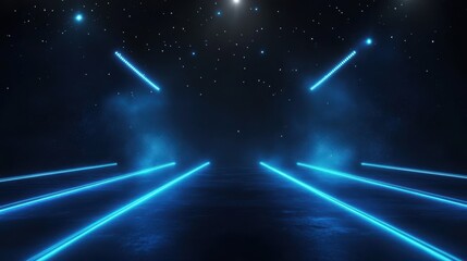 dark abstract background with blue neon lines and spotlights.