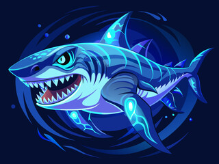 vector of A glowing shark with electric blue eyes swims through a dark, rippling water.
