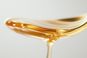 Golden liquid flowing, showcasing its viscous texture and subtle air bubbles.