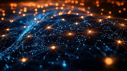 Fototapeta premium A digital network of connected points glowing with blue and orange light. This abstract representation suggests the interconnectedness of data and networks