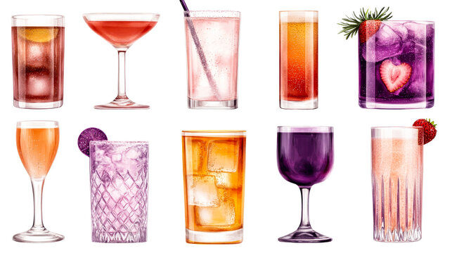 Colorful cocktails illustration, set of diverse drinks, cut out transparent