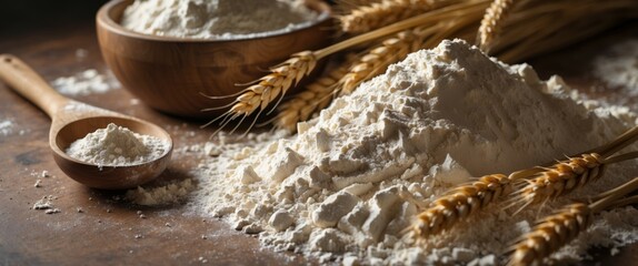 rustic wooden spoon with flour and wheat on table illustration
