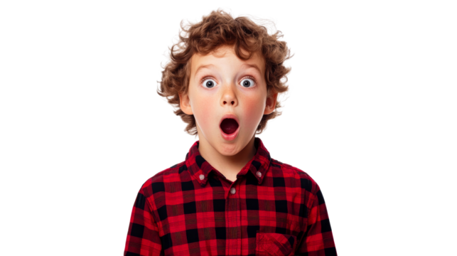 Shocked boy in red plaid shirt with mouth open , cut out transparent