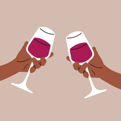 Hands holding wine glasses in cartoon style. Vector illustration.