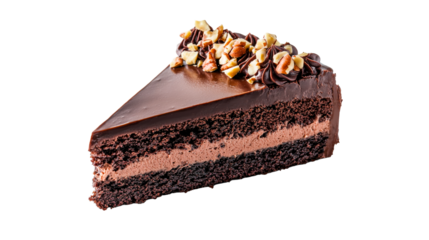 Chocolate layer cake slice with nuts, dessert delicacy, cut out transparent