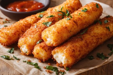 Crispy Golden Mozzarella Sticks on a Plate. A Tempting Fried Cheese Delight Perfect for Snacking