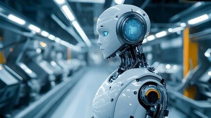 Fototapeta premium A futuristic robot with an inquisitive gaze stands confidently in an industrial setting. This striking image encapsulates innovation and advanced technology