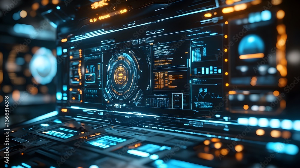 Poster futuristic computer interface glowing with advanced technology and data visualization, perfect for t