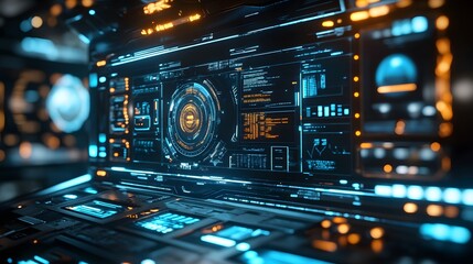 Obraz premium Futuristic computer interface glowing with advanced technology and data visualization, perfect for technological concepts