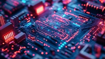 Fototapeta premium A high-tech circuit board with vibrant neon lights, symbolizing technology and innovation