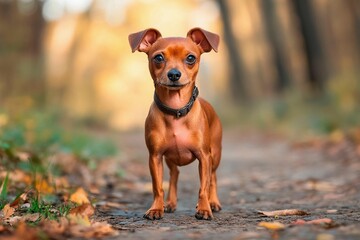 A small brown dog stands proudly on a leaf-covered path in a forest. Vibrant autumn leaves create a warm backdrop, highlighting the dog's playful demeanor
