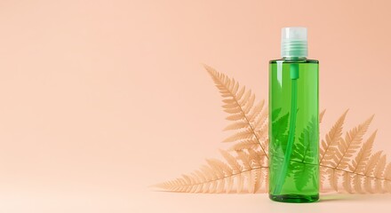 Fototapeta premium Green Cosmetic Bottle with Dried Fern Leaves on Peach Background