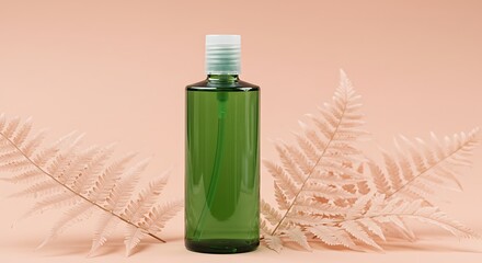 Fototapeta premium Green Bottle Mockup with Pump and Fern Leaves Against Peach Background