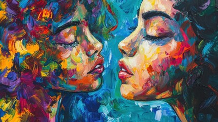 Two vibrant painted faces closely positioned with eyes closed together