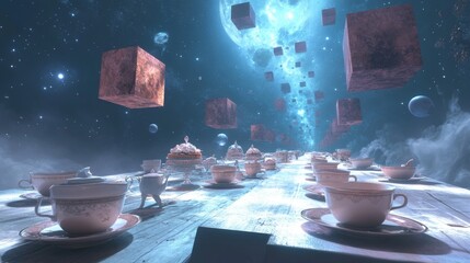 A mysterious tea party under a starry night sky featuring a long table with teacups, cakes, and glowing bronze cubes floating through space. Enigmatic and surreal atmosphere.. AI Generation