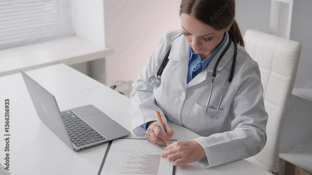 Poster a dedicated healthcare professional in a white coat is focused on writing notes at a desk while an o
