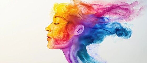 Abstract portrait of woman with multicolored swirling hair in dynamic artistic style