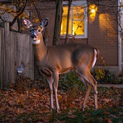 Alert deer in suburban backyard illuminated by warm autumn light