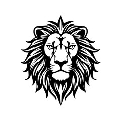 Obraz premium Close-up of a detailed lion's head and mane, depicted in a black and white graphic, facing straight forward