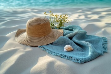 Soft Aquamarine Beach Towel with Straw Hat and Seashell