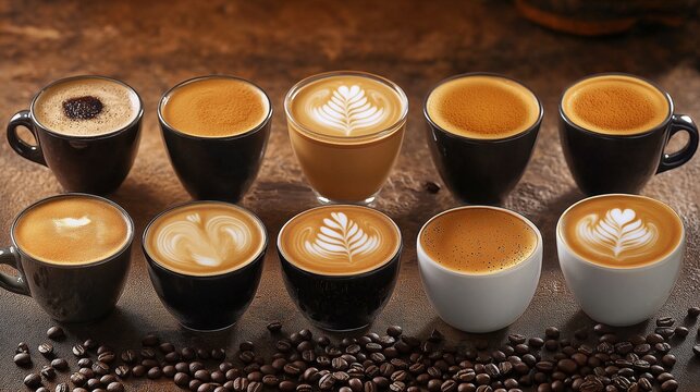 Assorted coffee cups with latte art and coffee beans on textured surface