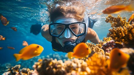a woman is snorkeling underwater in the sea, with coral reefs and colorful fish surrounding her