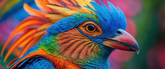 vibrant bird with bright orange beak and blue eyes