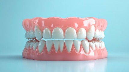Fototapeta premium Illustration shows healthy white teeth in row against light blue background. Dental care, oral hygiene highlighted. Teeth depicted as 3D models. Ideal for dental clinics, health magazines,
