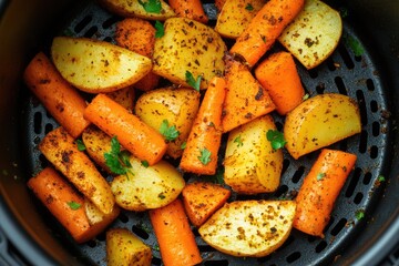 Healthy Air Fryer Delight: Spiced Raw Potatoes and Carrot Sticks Garnished with Fresh Parsley